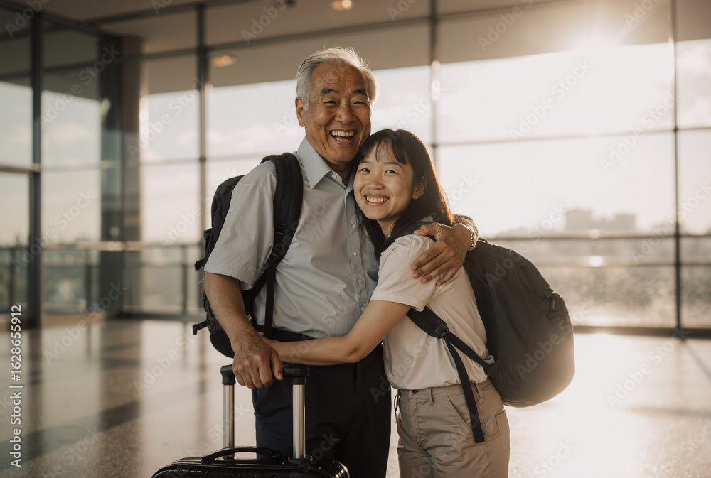 Obraz premium Elderly asian man and young asian woman embrace joyfully in airport terminal with suitcases and backpacks in afternoon light