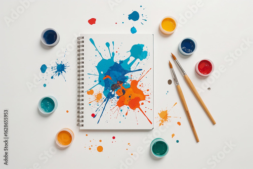 Spiral bound notebook covered in vibrant blue and orange paint splatters with paint pots and brushes