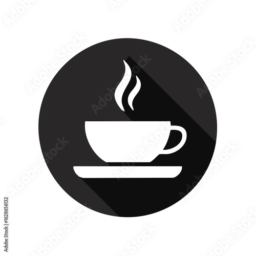 Minimalist steaming coffee cup icon with long shadow in a dark circle