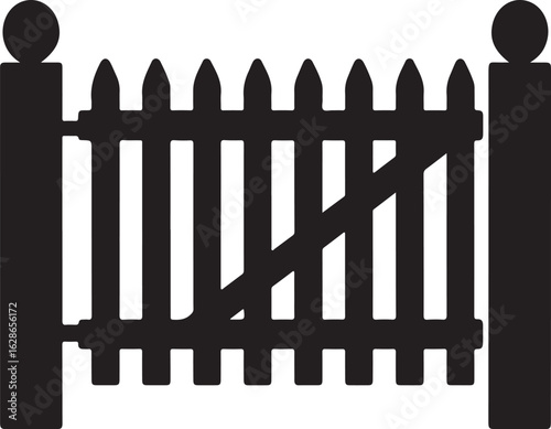Classic wooden garden gate with pointed pickets and round finials silhouette