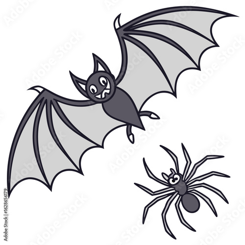 A cartoon bat with wide wings and a smiling spider with eight legs are depicted against a white background ready for halloween