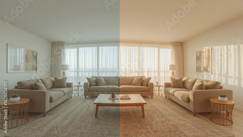 Split image comparing a living room with cool daylight and warm afternoon sunlight