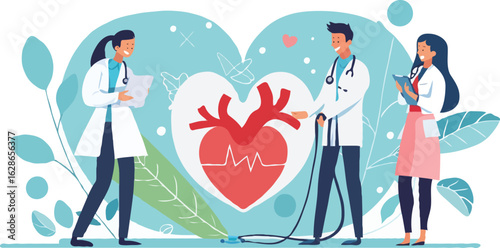 Cardiology Team Assessing Heart Health with Illustrated Vitals and Doctors in a Medical Setting, Promoting Cardiovascular Wellness