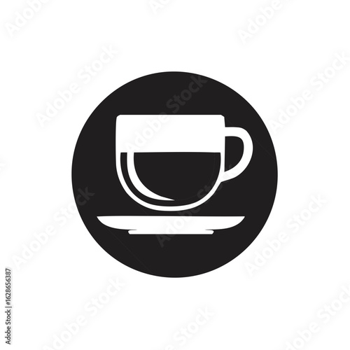 Simple black and white icon of a coffee cup and saucer