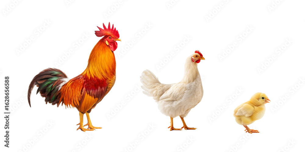 Fototapeta premium Family of chickens rooster hen and chick