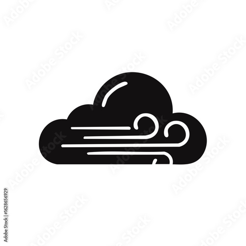 Stylized Black Icon of a Cloud with Swirling Wind Gusts