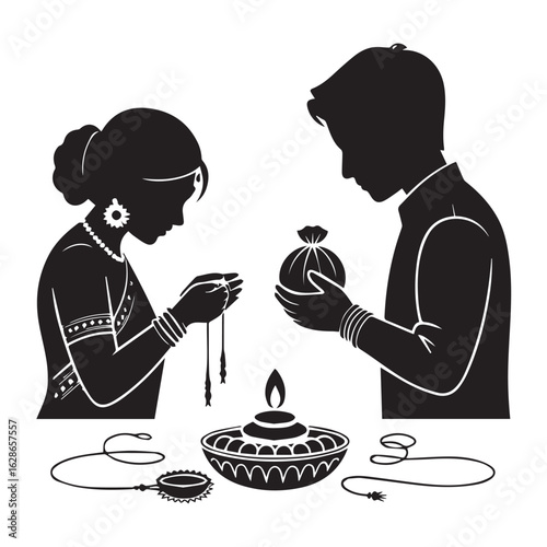 Vector art of silhouette of a couple exchanging gifts during a festival, with a diya and jewelry, symbolizing tradition and togetherness