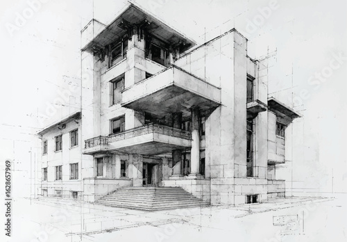 Wallpaper Mural Architectural Sketch of a Modernist Building with Balconies and Columns Detailed Hand Drawn Illustration on White Paper Torontodigital.ca