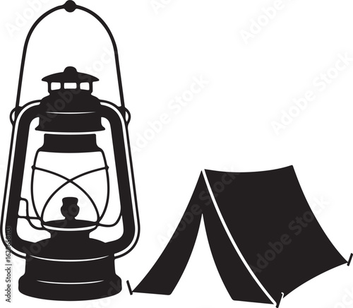 Vintage kerosene lantern and camping tent in a simple black silhouette style