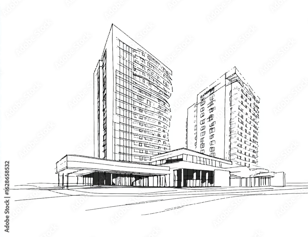 Fototapeta premium Architectural Sketch of Modern Hotel Buildings with Entrance Canopy and Large Windows offering lodging and vacation accommodations