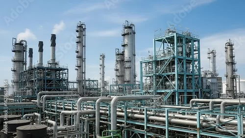 Wallpaper Mural A sprawling petrochemical refinery complex with towering distillation towers and intricate pipe systems under a clear blue sky Torontodigital.ca