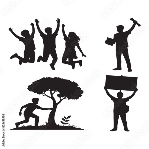 Vector art of silhouettes of people celebrating, protesting with signs, and interacting with nature isolated on white background