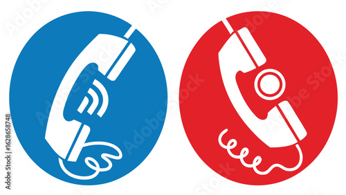 Vector art of two telephone icons in blue and red circles isolated on white background