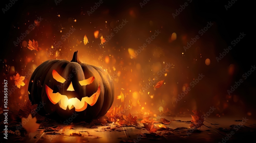 Fototapeta premium A glowing jack-o'-lantern sits among autumn leaves, surrounded by a warm, mystical light that creates a spooky Halloween atmosphere