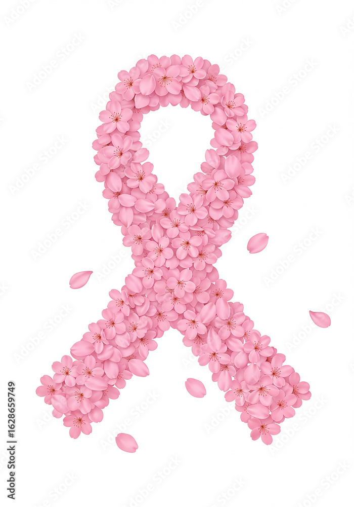 Pink floral ribbon for breast cancer awareness on a white background. Pink floral ribbon for breast cancer awareness on a white background.