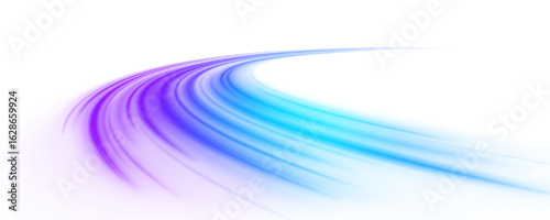 Blurred neon streaks from fast traffic in motion. Night perspective with glowing trail and electric dynamic overlay on transparent layer.