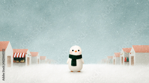 Cute snowman in winter village scene for Christmas greeting card. Snowy landscape with small houses and falling snow. Minimalist holiday illustration with copy space