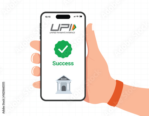 UPI payment success screen illustration on smartphone, money transfer completed with bank icon, flat vector design for finance, fintech, mobile banking, and digital transaction interface