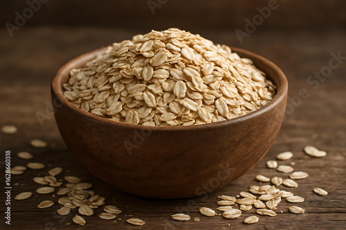 Healthy raw oats displayed in simple brown wooden bowl