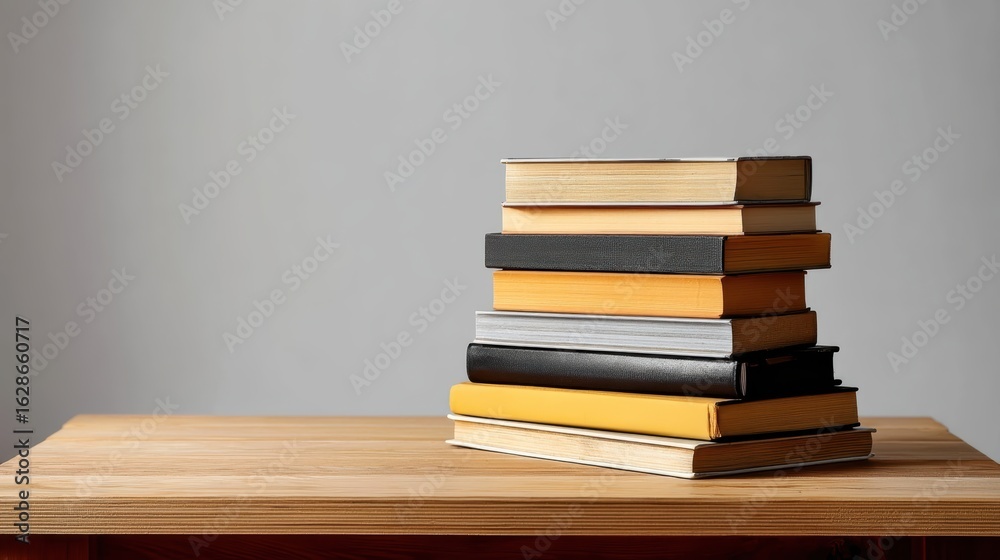 A stack of assorted hardcover books sits neatly on a wooden table against a plain gray background A stack of assorted hardcover books sits neatly on a wooden table against a plain gray background