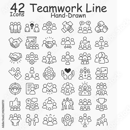 42 Hand-Drawn Teamwork Line Icons Set: Collaboration, Business, and Partnership