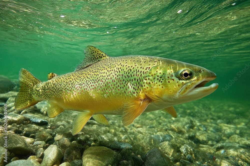 Naklejka premium A brown trout swims in clear, shallow freshwater above a rocky riverbed, surrounded by green-tinted water