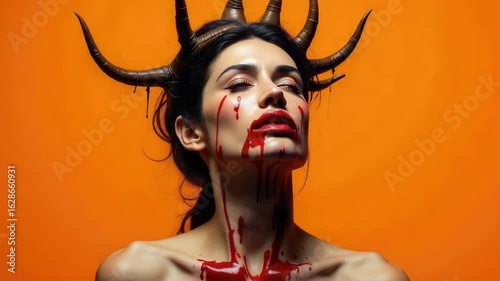 A woman with demonic horns and blood on her face