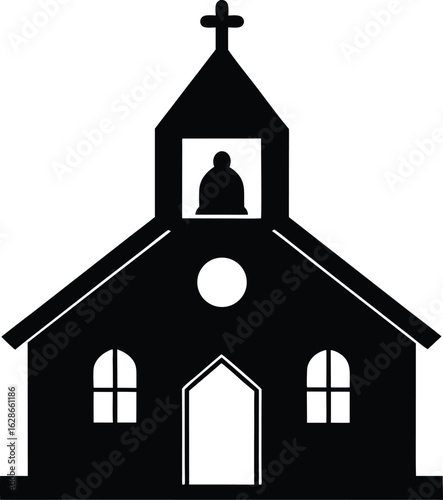 black silhouette church with bell on white backgro.eps