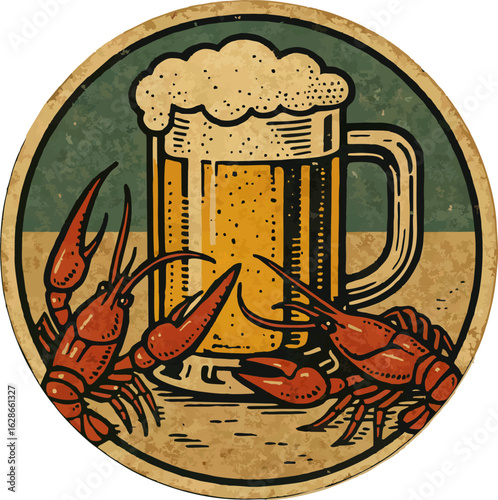 A vintage-style circular illustration featuring a mug of beer and two crayfish, set against a green and beige background.