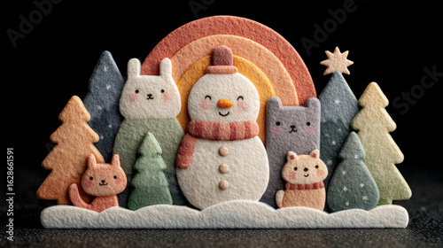 Cute felt Christmas scene with snowman, animals, and trees. Festive winter decoration for home or greeting card. Cozy handmade holiday craft with copy space.