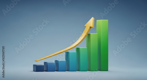Free Download A 3D Render of a Bar Graph with an Ascending Arrow, Illustrating Growth and Progress in Business, Finance, or Personal Development Against a Gradient Background - GFXLoad
