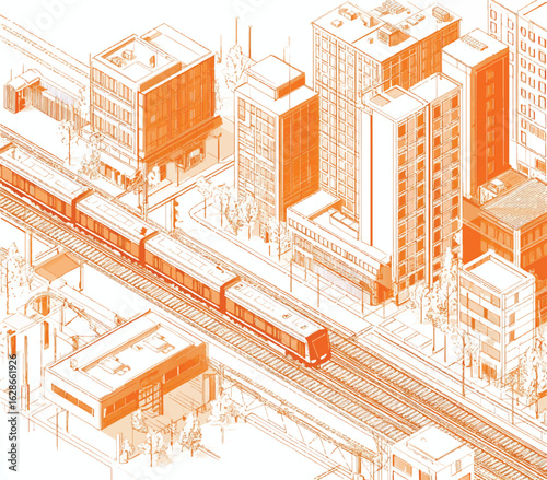 Cityscape isometric illustration featuring elevated train track and modern buildings in orange tones creating a unique perspective and urban lifestyle representation