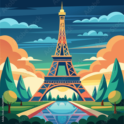 Stylized eiffel tower at sunset with reflecting pool and dramatic clouds