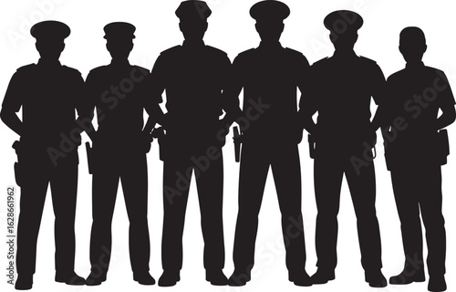 Silhouette of Law Enforcement Officers Standing in Formation Against Transparent Background Vector