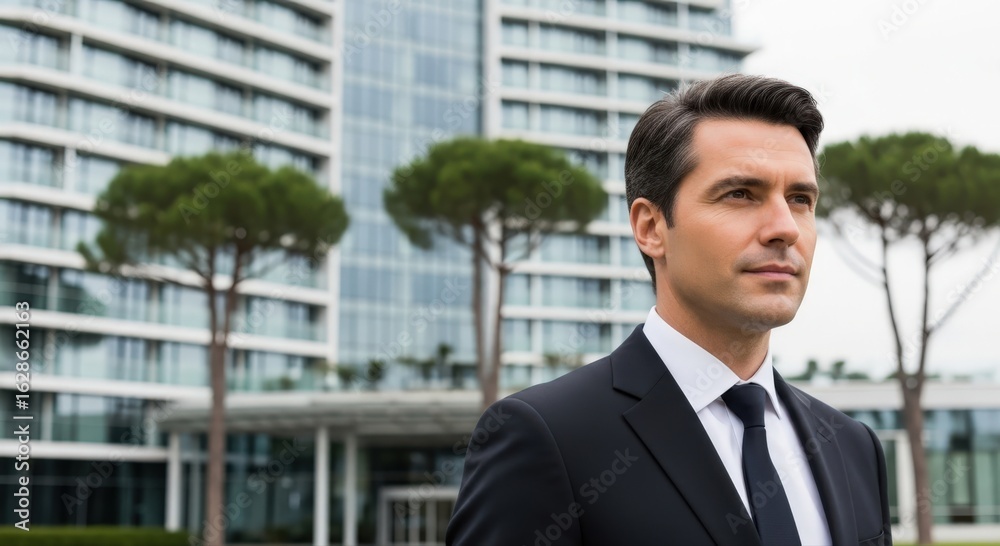 A confident professional poses in front of a modern office building A confident professional poses in front of a modern office building