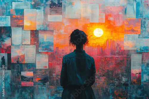 Woman mesmerized by sunset painting.