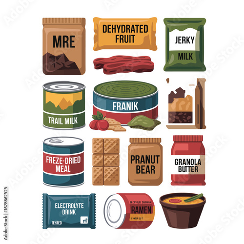 Black and white vector illustration bundle of survival food types including MRE dehydrated fruit jerky trail mix and canned beans