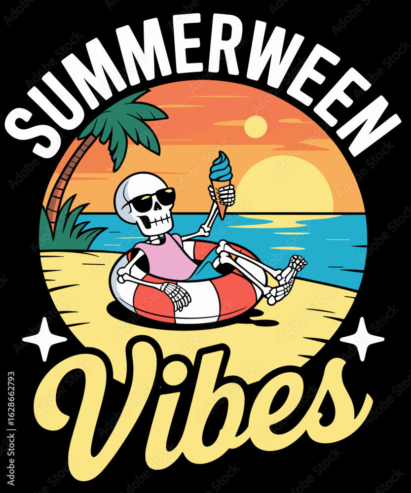 Naklejka premium Funny Summerween Vibes Skeleton Pumpkin Spooky Vacation