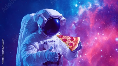 An astronaut in a spacesuit enjoys a slice of pepperoni pizza against a vibrant, colorful cosmic background