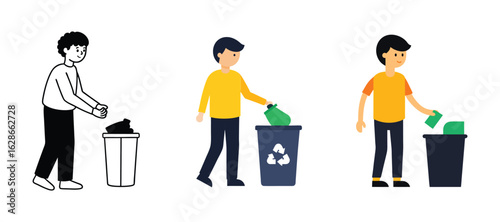 A boy and people is throwing garbage into a dustbin. need a filter vector art 
