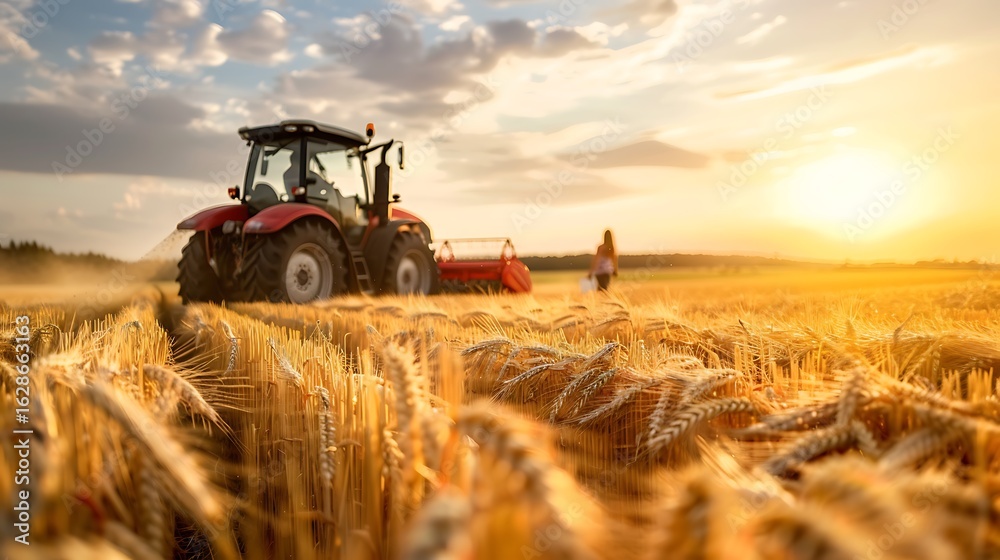 Fototapeta premium Red tractor harvesting wheat field at sunset agriculture farming rural scene golden hour farm equipment machinery