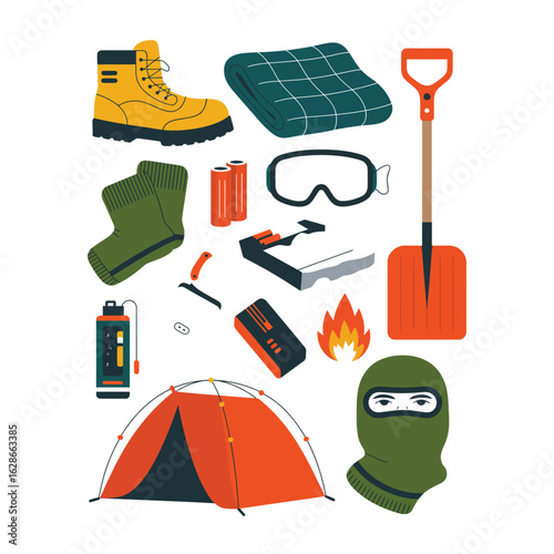 Cold weather survival gear bundle with insulated boots, thermal blanket, fire starter, emergency tent, goggles, and balaclava