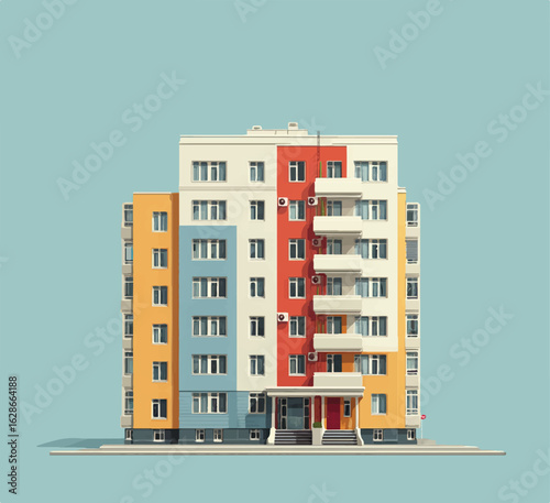 Colorful apartment building with vibrant facades and repetitive windows against a minimalist sky backdrop architecture illustration urban housing