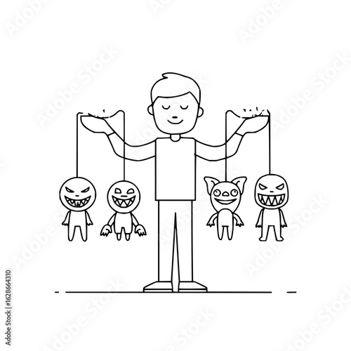 Man marionette puppet show control strings character monster evil smile face expression performance art design