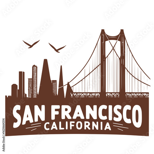 San francisco california skyline silhouette with golden gate bridge and flying birds in a stylized artistic design
