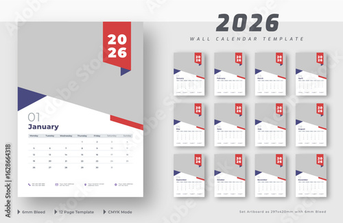 2026 wall calendar 12-page template | Editable monthly wall calendar planner layout | Week starts on Monday