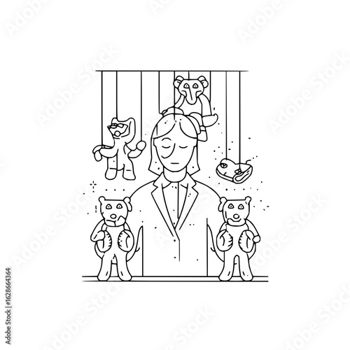 Puppet master control woman doll show string art performance marionette theater stage play acting design line