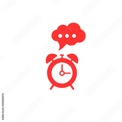 Red alarm clock with a speech bubble above indicating a message or notification arriving at a specific time