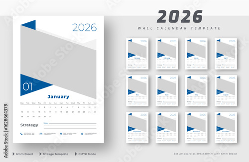 2026 wall calendar 12-page template | Editable monthly wall calendar planner layout | Week starts on Monday