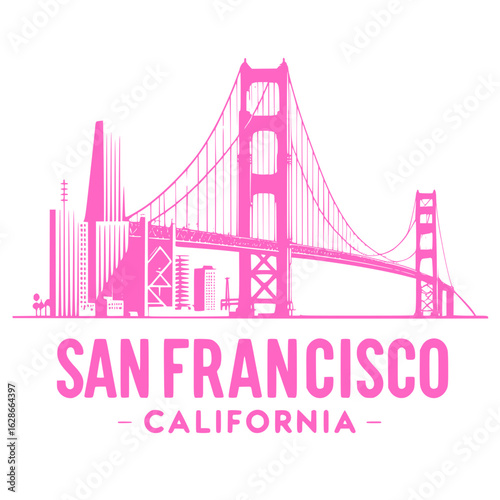 Iconic pink silhouette of the golden gate bridge and san francisco skyline with city name text